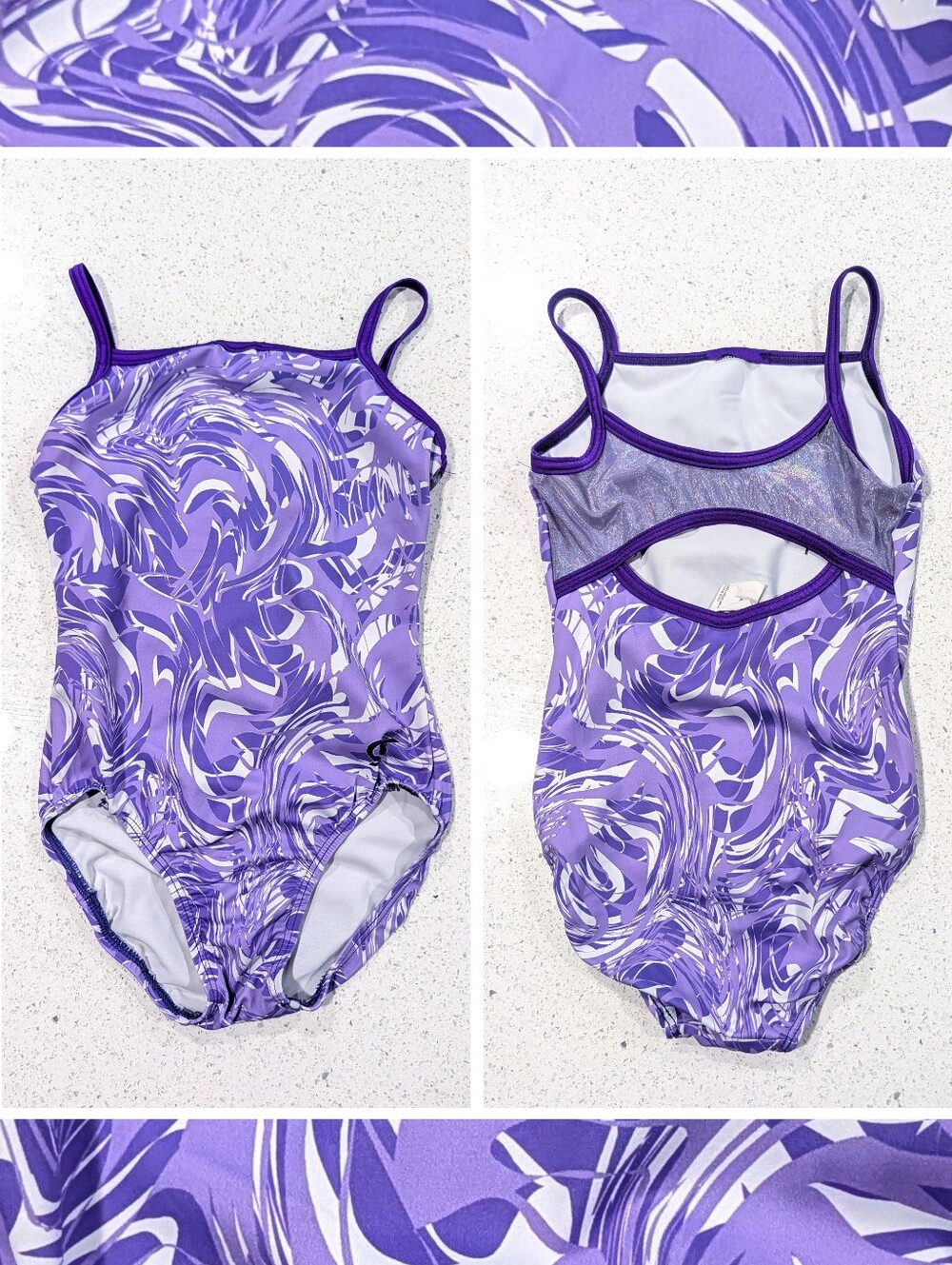 WATERCOLOR Waves GK Elite AXS Extra Small Gymnastics Dance Leotard Purple Swirls